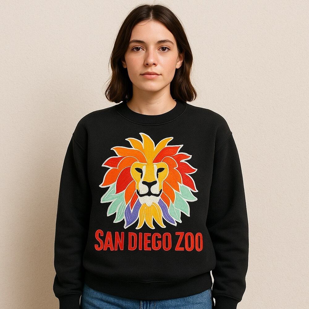 VTG San Diego Zoo Applique Lion Crewneck Sweater Black Geometric Y2K Embroidered